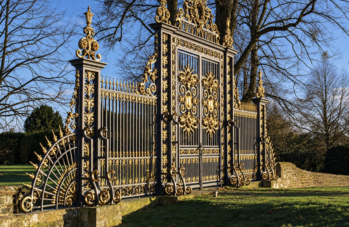 Black and gilded ornamental gate identified by the owner as Petworth House