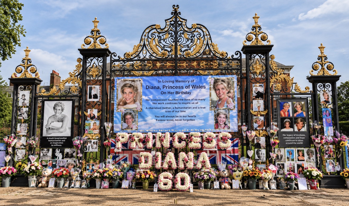 Floral tributes spelling Princess Diana 60 across the Kensington Palace gates on what would have been her sixtieth birthday