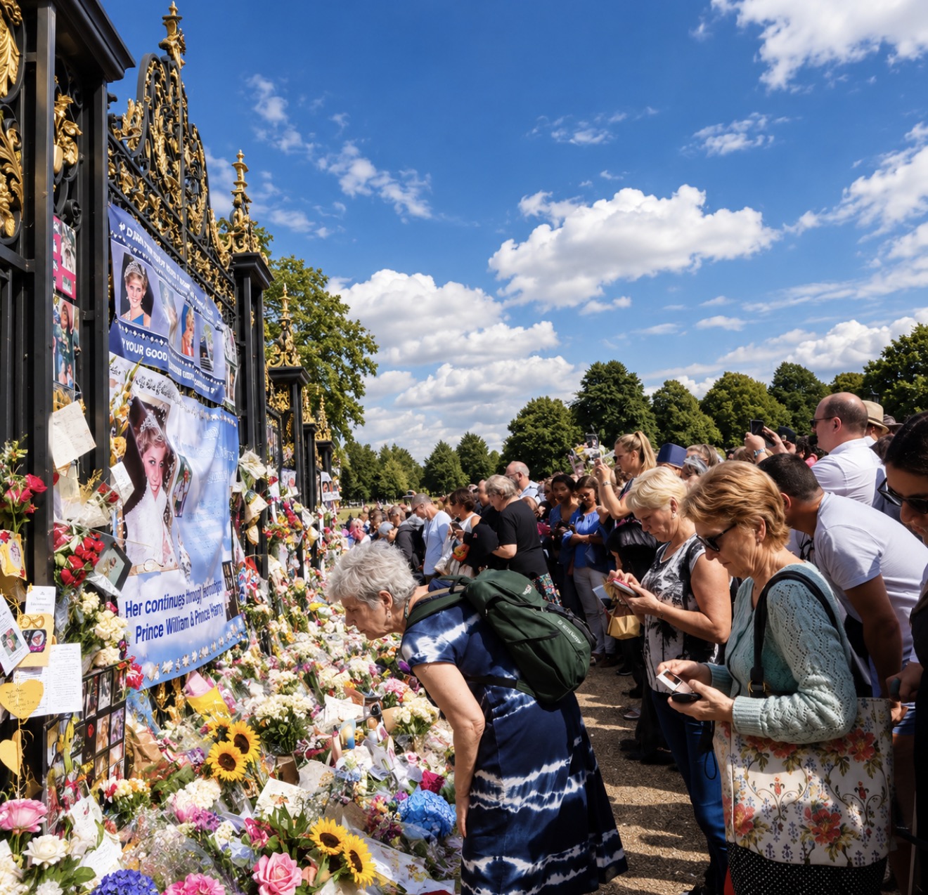 Visitors reading tributes and leaving flowers along the Kensington Palace gates in memory of Princess Diana