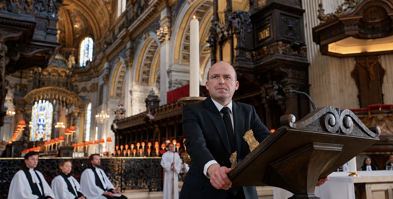 The Diplomat — a speaker at the cathedral lectern with the quire behind him