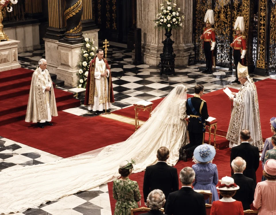 The wedding ceremony with Diana’s train and gilded gates behind the clergy