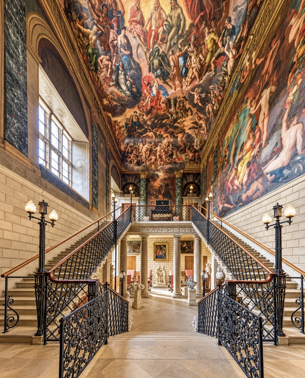 Iron balustrades beside twin stair flights beneath Burghley's painted ceiling