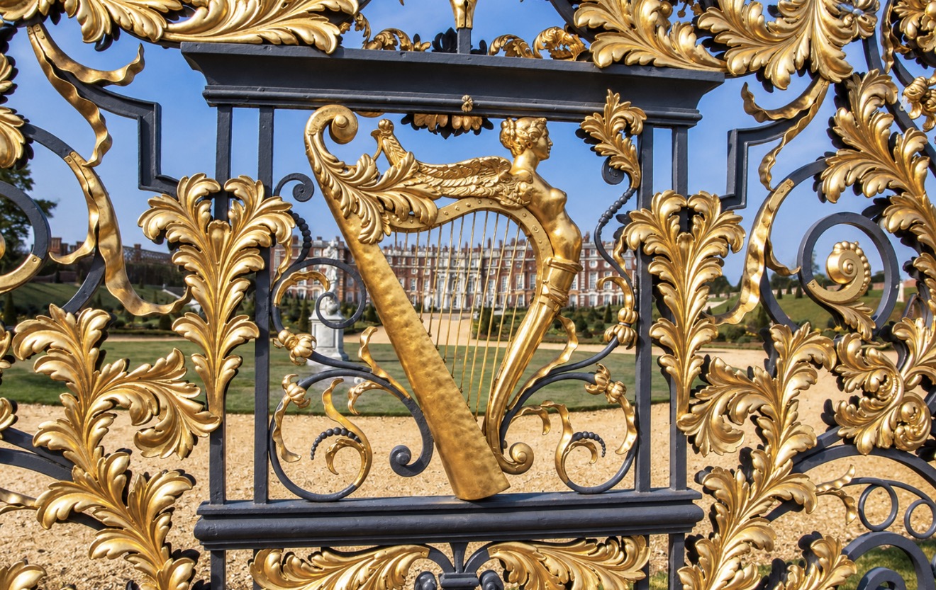 Gold harp with a sculpted female figure surrounded by gilded foliage