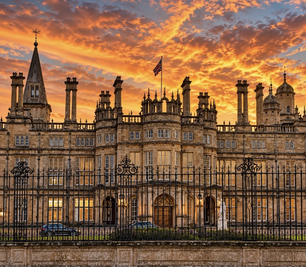 Burghley House's stone facade and iron fence beneath a sunset sky