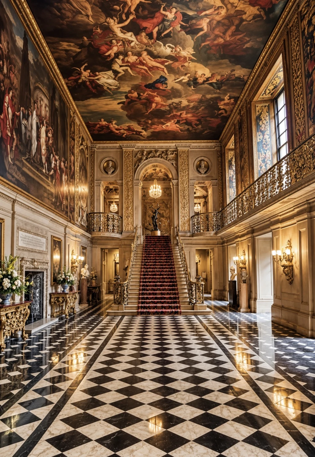 Painted Hall and Great Stairs at Chatsworth House beneath ceiling murals