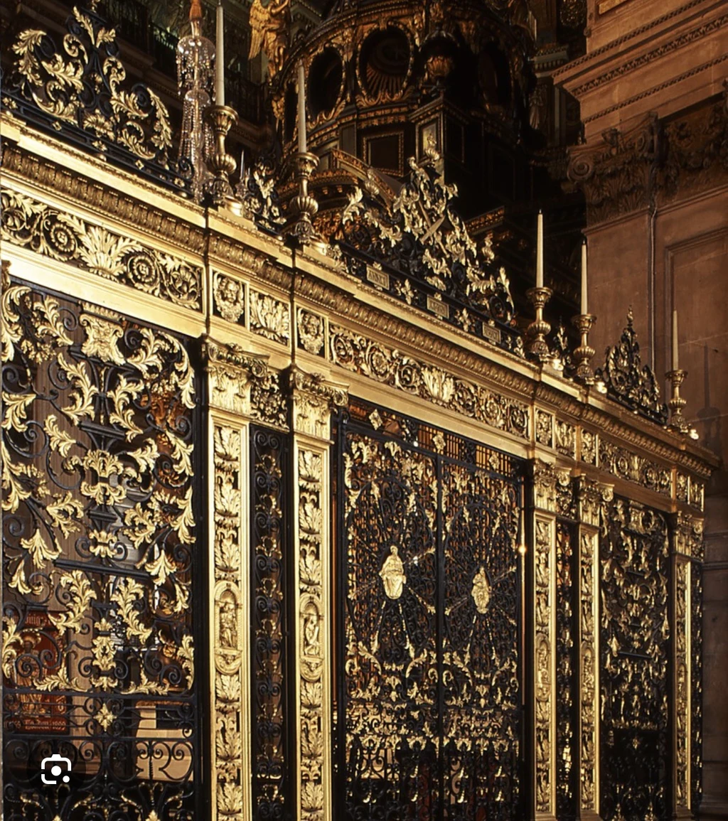 Oblique view of the gilded iron screen and candlesticks at St Paul's Cathedral
