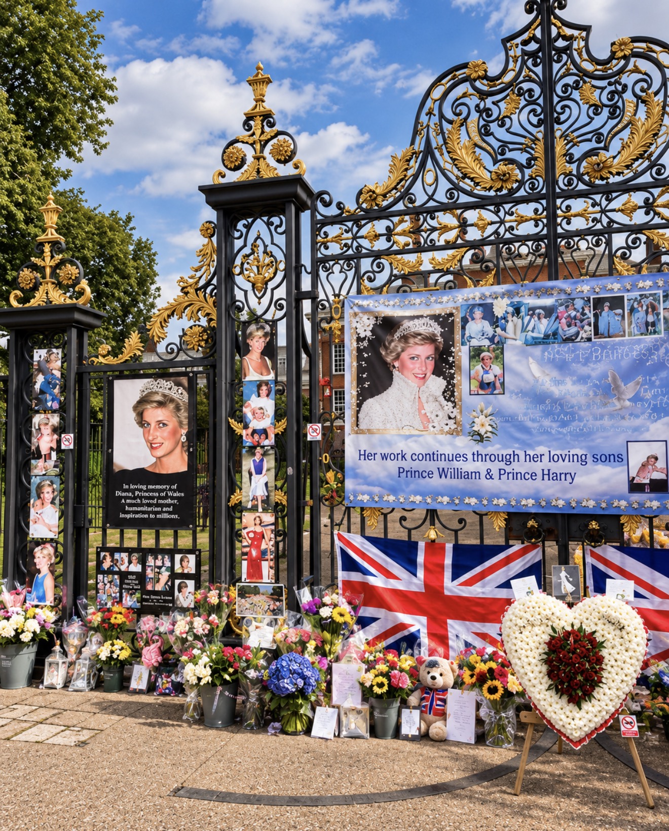 Portraits, flags and flowers adorning the ornamental gates of Kensington Palace in honour of Princess Diana