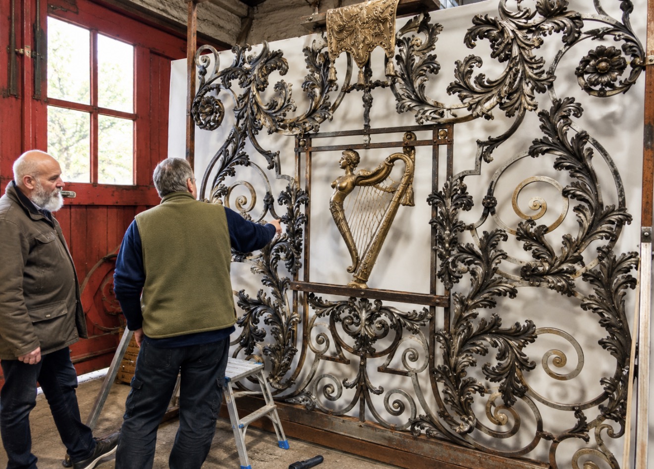 Two craftsmen examining a historic ornamental iron panel with a sculpted harp in a workshop