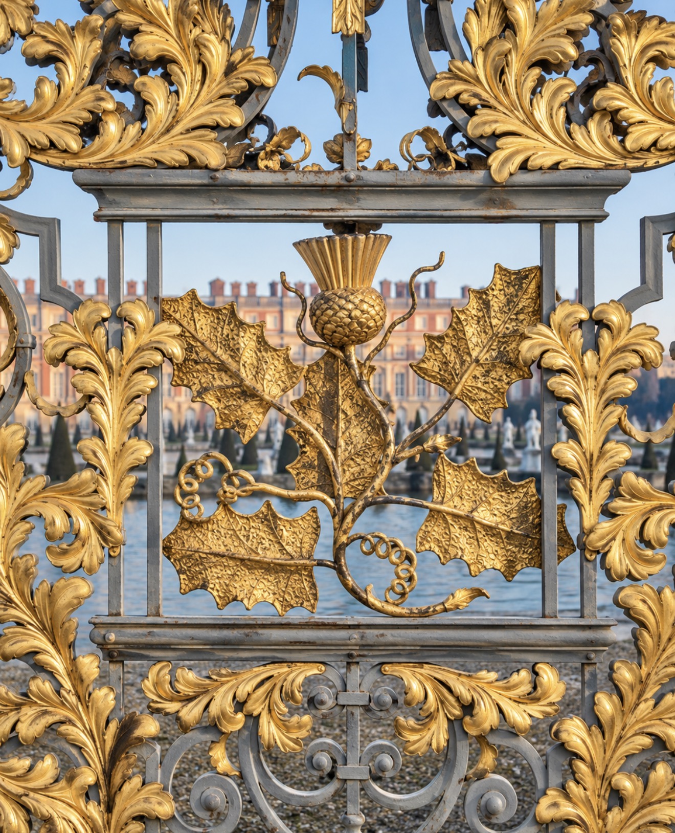 A gold thistle with textured gilded leaves within an ornamental iron panel
