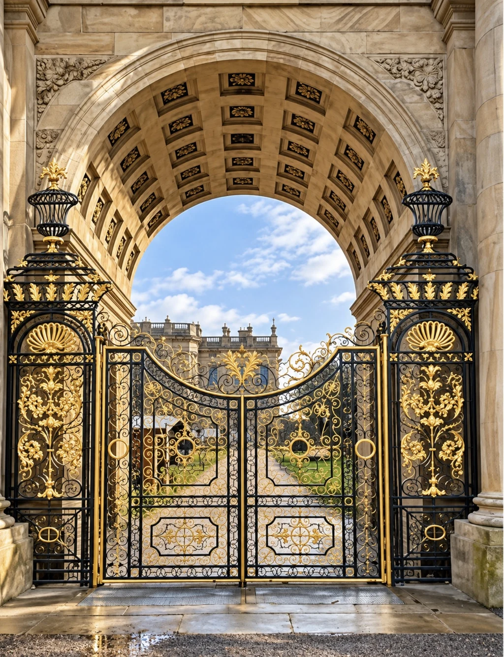 Chatsworth gates framed by a carved stone arch