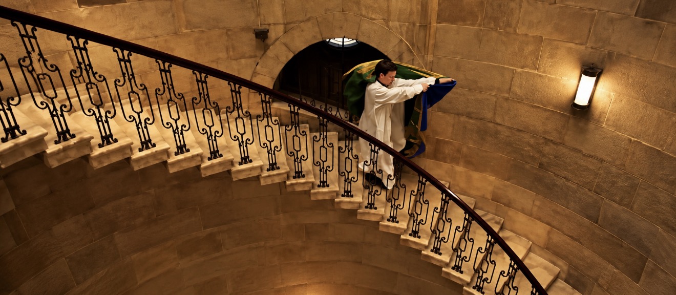 Paddington 2 film still of a man carrying fabric on a stone staircase beside an iron balustrade
