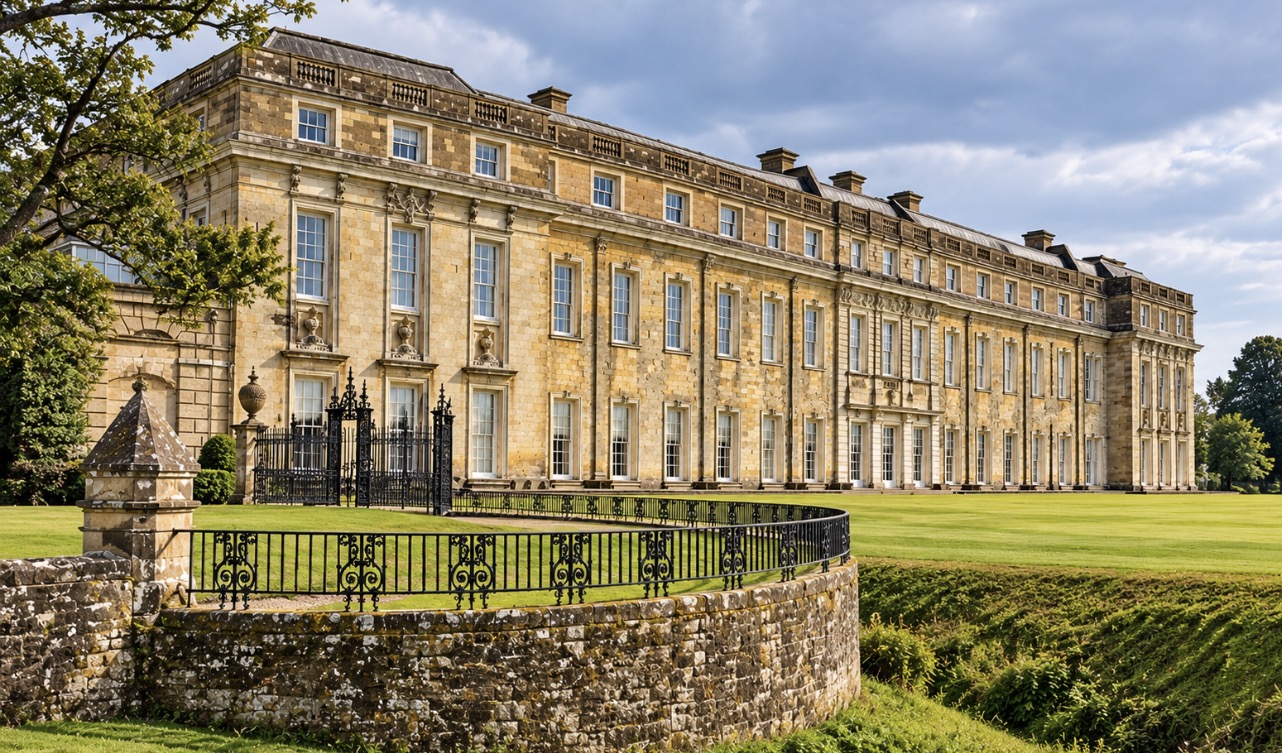Wide view of Petworth House and ornamental railings