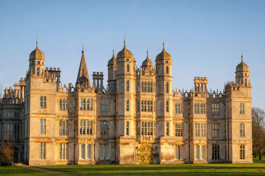 Burghley House's stone facade seen across the lawn