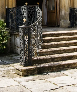 Detail of scrolling iron railing and collared joints at Drayton House