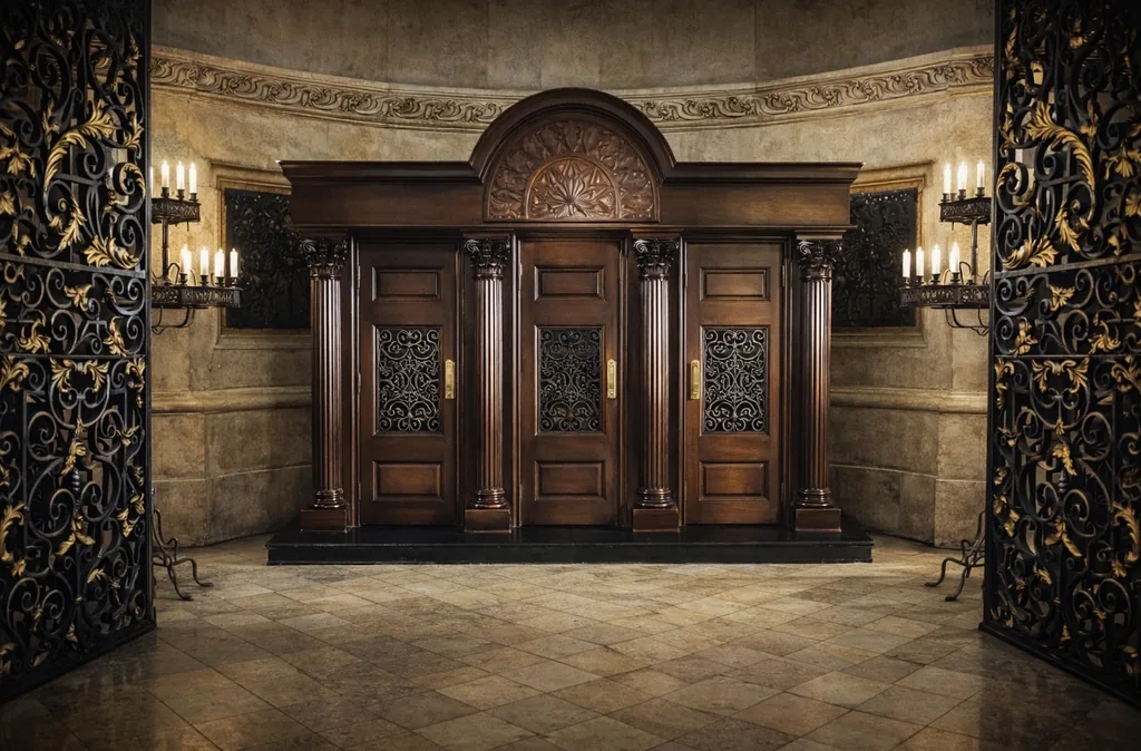 Cathedral doorway and gilded ironwork in a Wonka film still