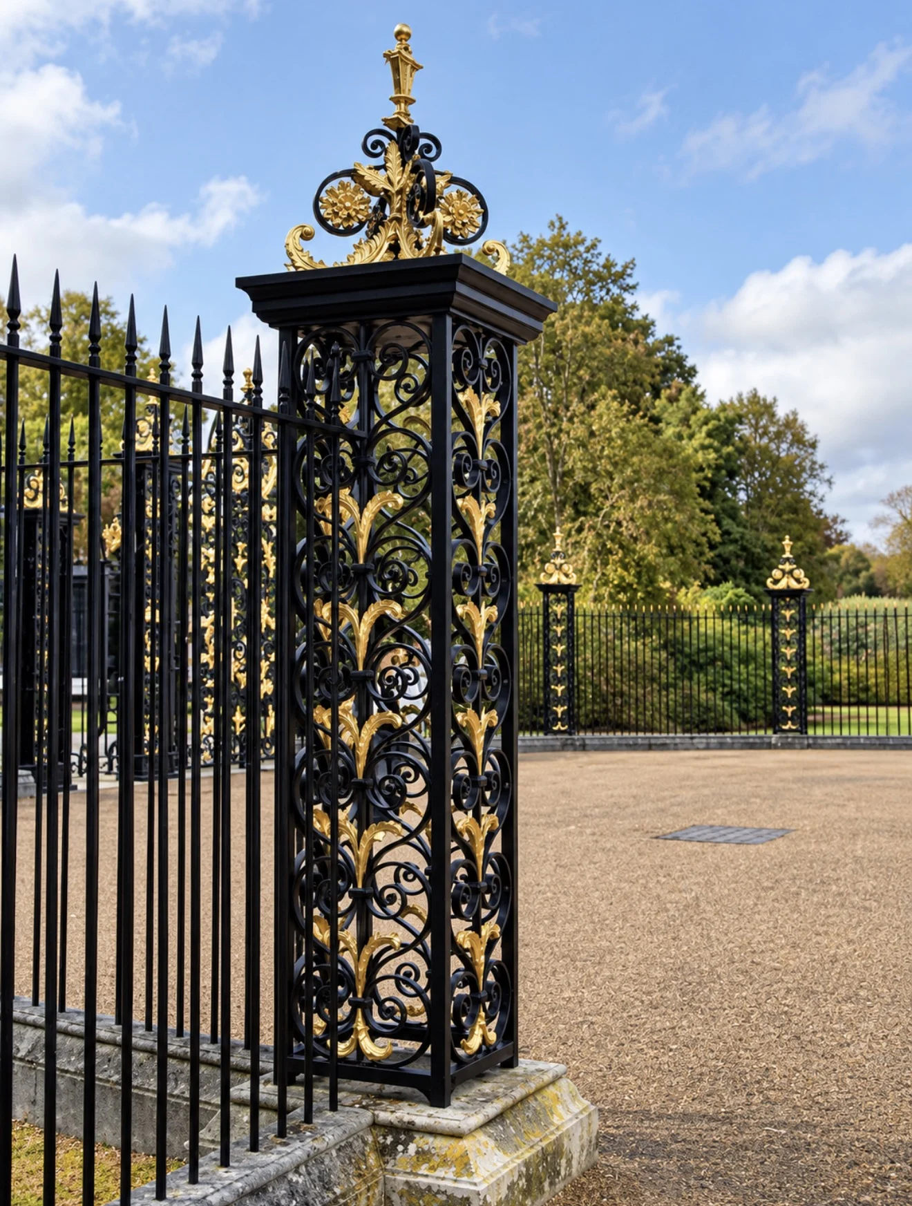 Full height of an ornate black and gold Kensington Palace gate pier
