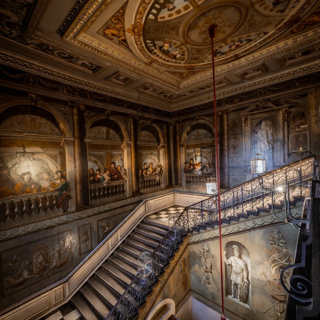 Ornamental iron balustrade of Kensington Palace's staircase beneath painted architecture