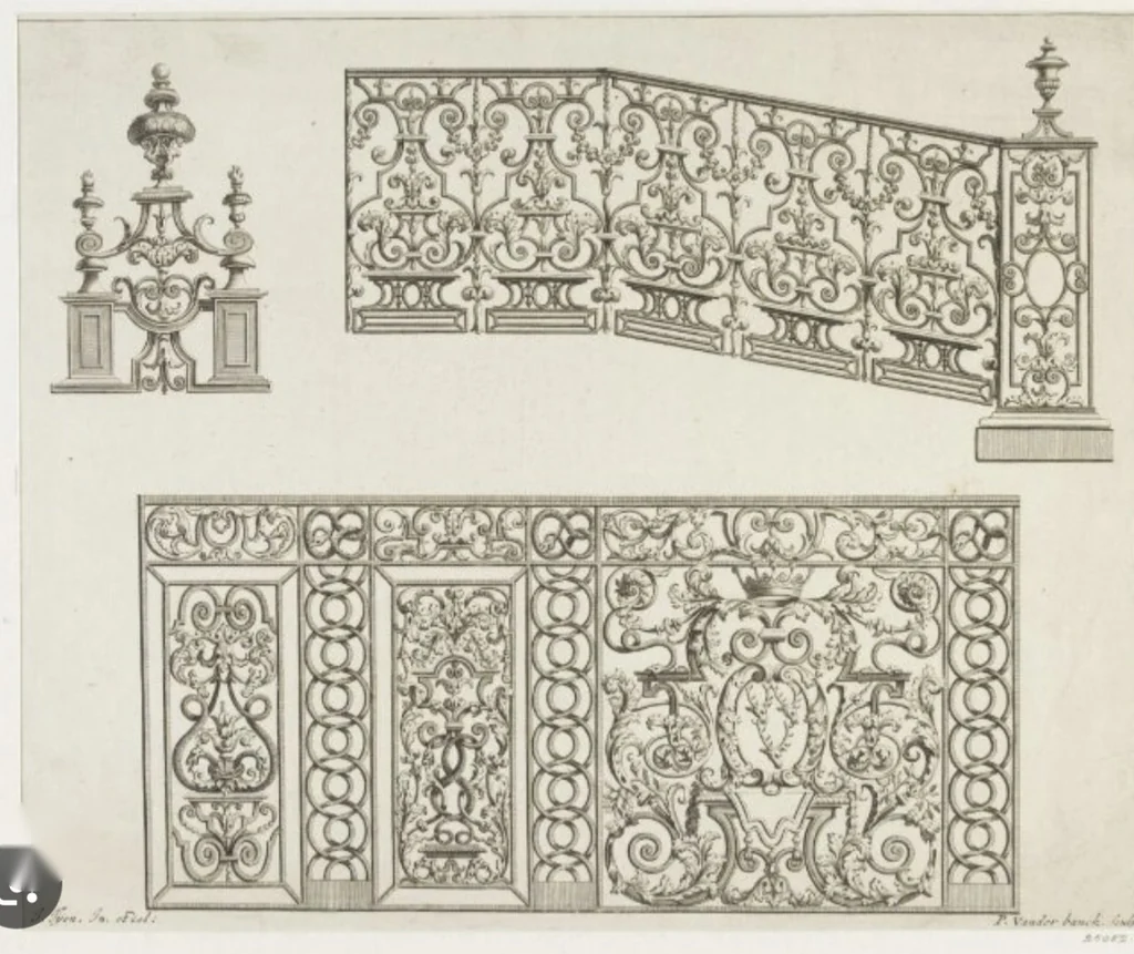 Engraved designs for a balustrade in perspective with panel elevations below