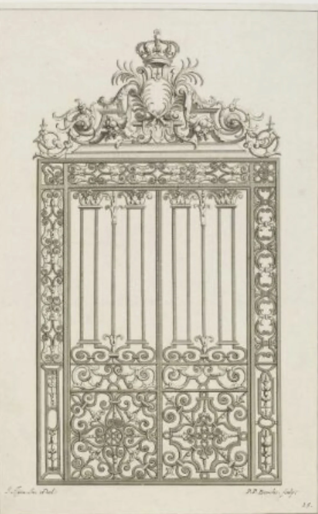 Engraved design for a crowned gate with plumed cartouche cresting