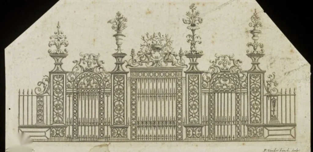 Engraved elevation of a garden screen with vase finials and arched bays