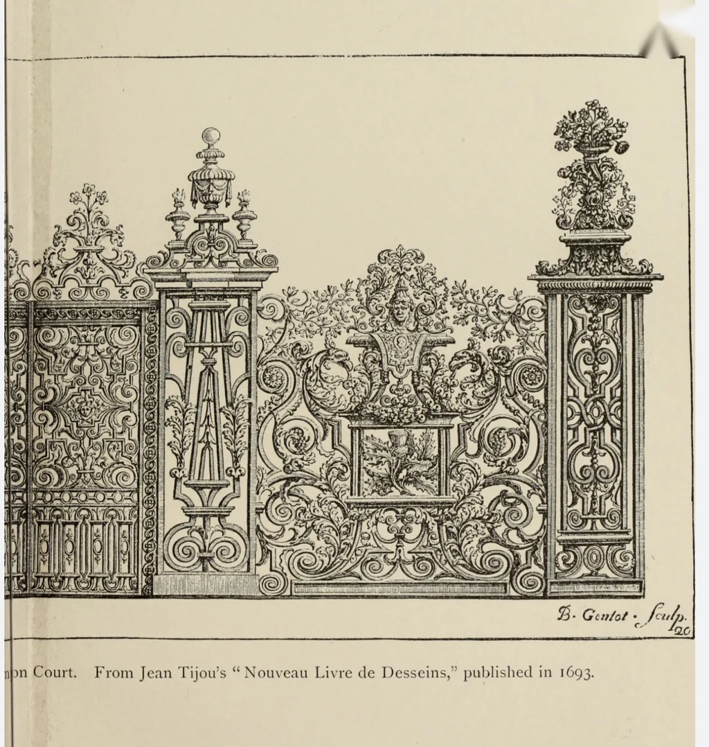 Engraved screen bay from Jean Tijou's Nouveau Livre de Desseins, 1693