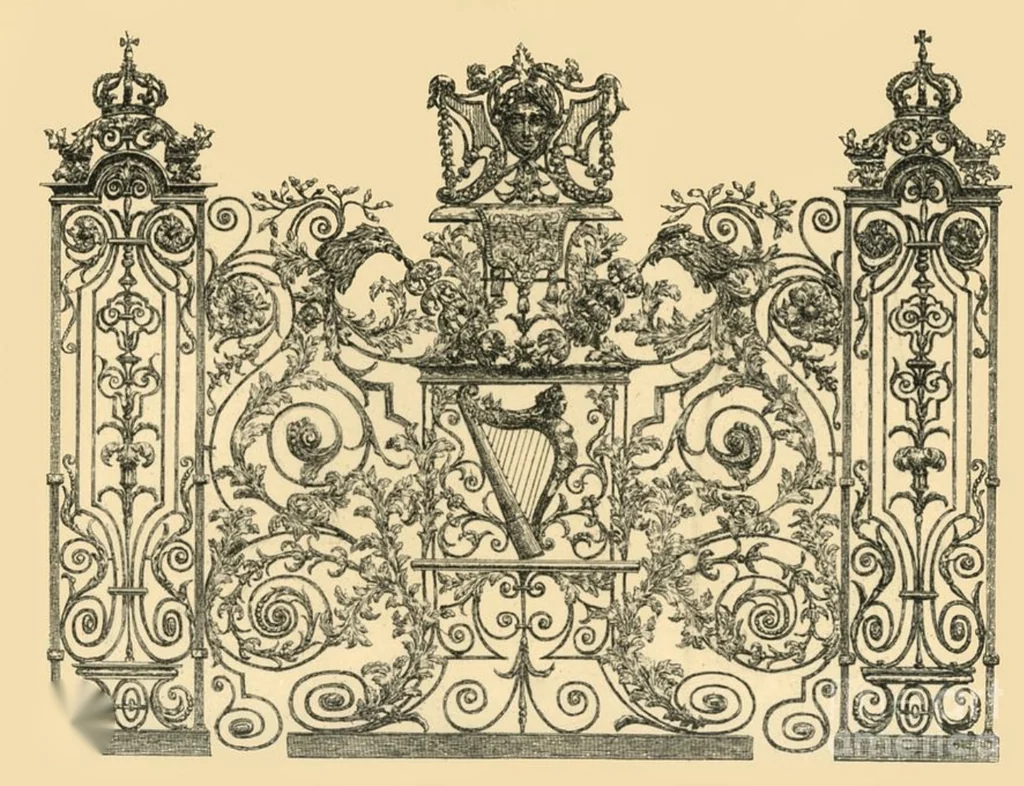 Engraved gate design with Irish harp, mask and crowned piers