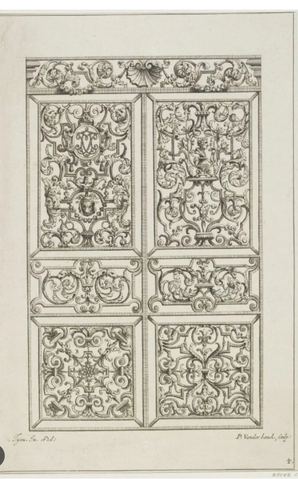 Engraved sheet of six Baroque iron panel designs with masks and foliage