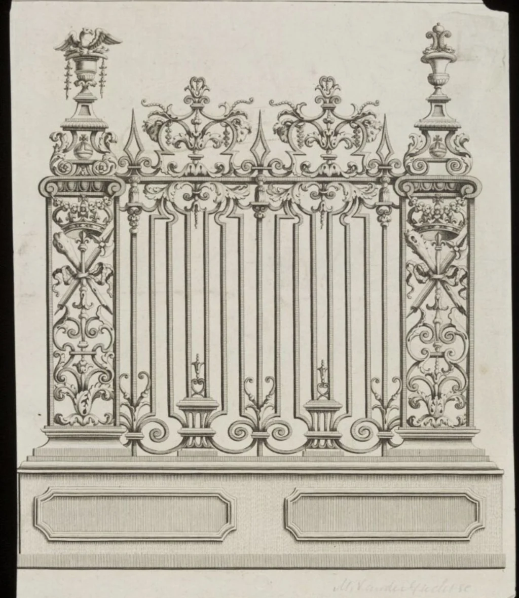 Engraved design for an iron railing with urns, eagles and crowned panels