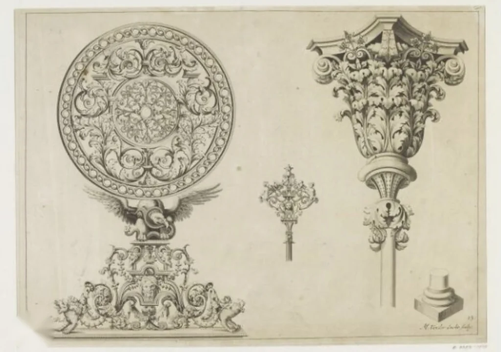 Engraved studies of an iron rosette panel, finial and acanthus capital