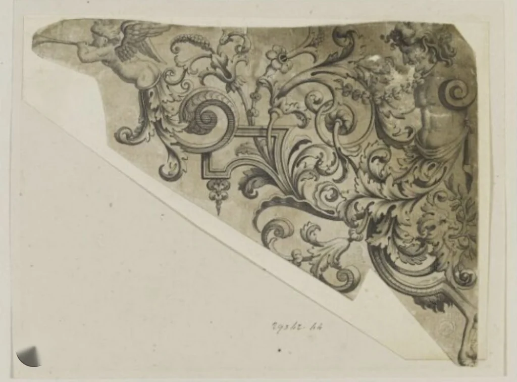 Engraved fragment of a scrolled overthrow with a trumpeting cherub