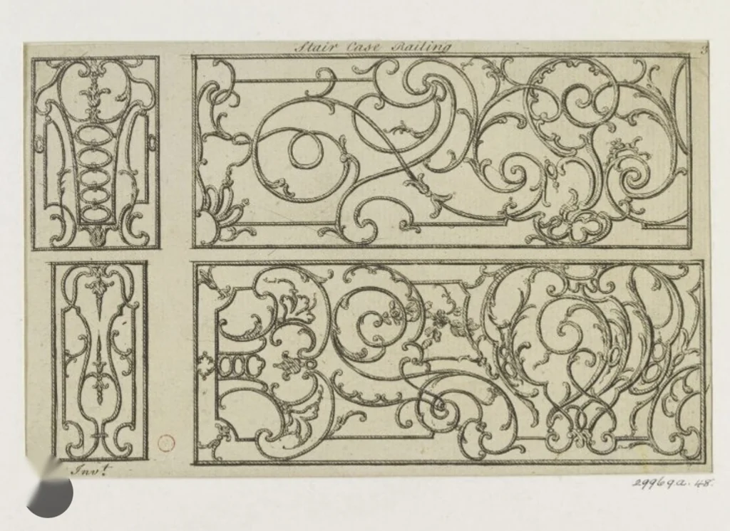 Engraved staircase railing designs with scrolled panels