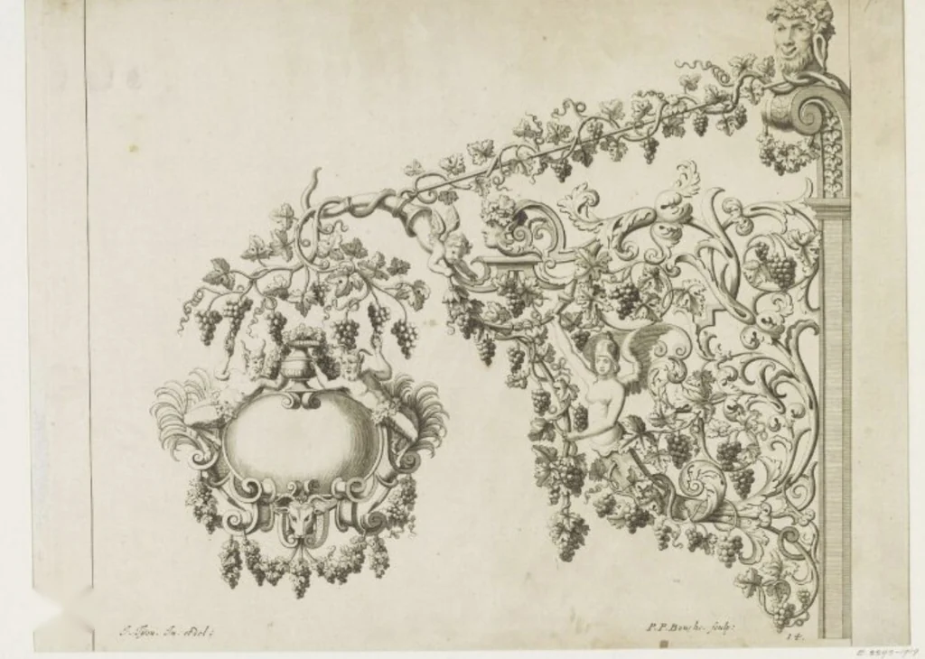 Engraved design of a vine cartouche with cherubs and grape trails